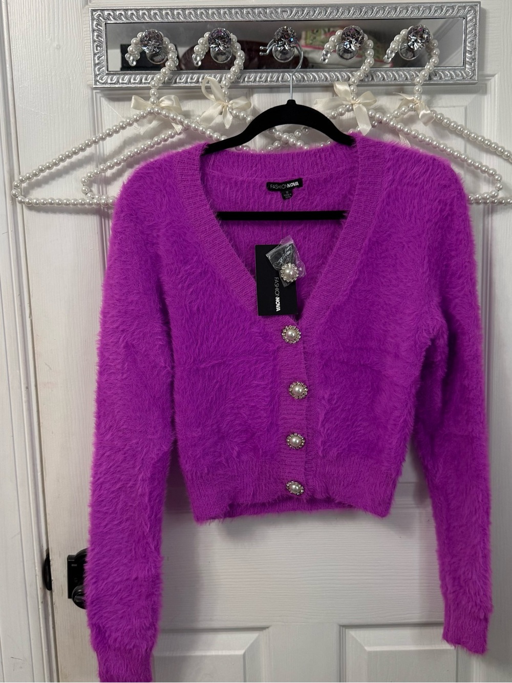 Fashion Nova Purple Fuzzy Crop Cardigan with Pearl Buttons